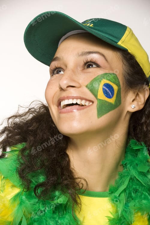 Preview: Hispanic Woman With Brazilian Flag Painted On Face