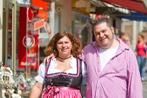 Preview: Couple Walking, The Woman Is Wearing A Traditional Bavarian Costume Called 'Dirndl', Munich