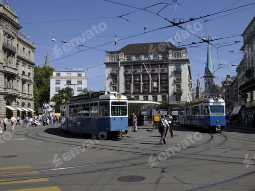 Preview: Urban Scene With Streetcars, Paradeplatz, Zurich, Canton Of Zurich, Switzerland