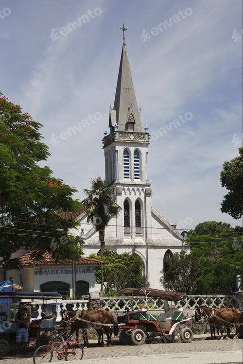 Preview: Church With Horse Drawn Carriages, Paqueta Island, Rio De Janeiro, Brazil