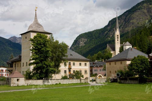 Preview: Zernez With Castle Wildenberg And Evangelical Church, Engadin, Grisons, Switzerland