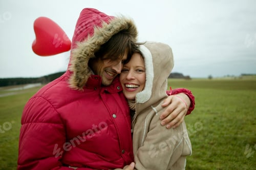 Preview: Couple Hugging Outdoors With Heart-Shape Balloon