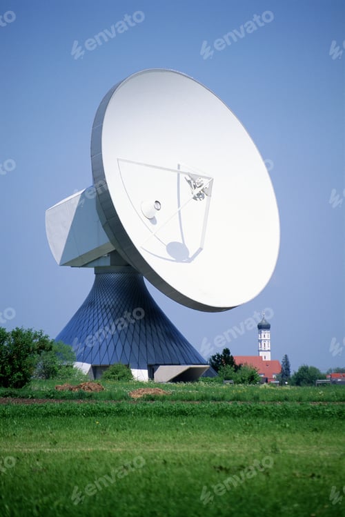 Preview: View Of A Satellite Receiving Dish Against Blue Sky, Germany, Bavaria, Raisting