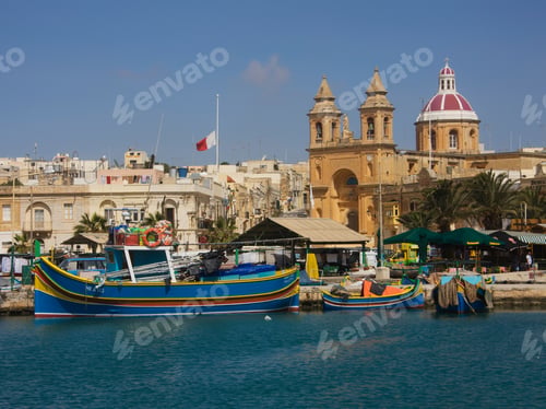 Preview: Harbor And Church, Our Lady Of Pompeii, Marsaxlokk, Malta