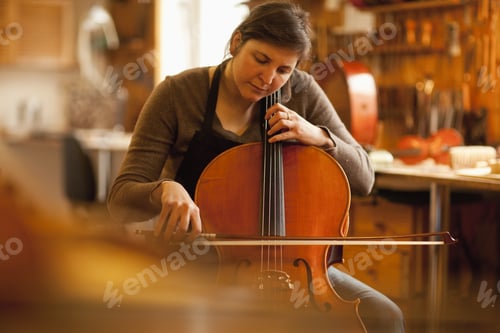 Preview: Violin Maker Checking Cello In Workshop