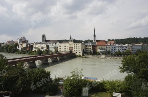 Preview: View Of Across The Inn River To Wasserburg Am Inn With Imaginaeres Museum, City Gate And Red