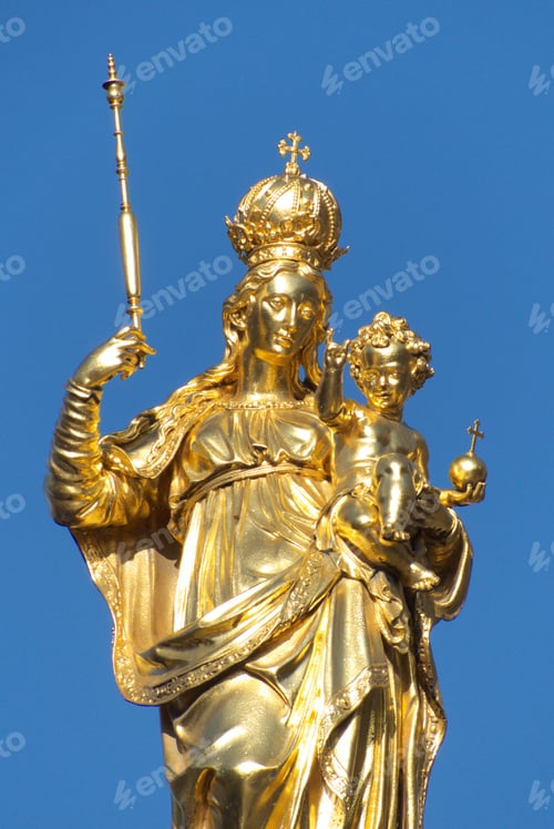Preview: Close Up Of Mary And Child Atop St Mary'S Column At Marienplatz, Munich, Bavaria, Germany, Europe