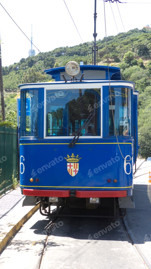 Preview: Cable Car 'Tramvia Blau' On Its Way To Tibidabo Funicular, Barcelona, Catalonia, Spain, Europe