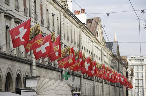 Preview: Flags Of Geneva And Switzerland, Rue De La Corraterie, Geneva, Switzerland