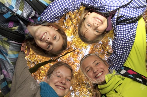 Preview: Four Girls In Huddle In Forest, Portrait