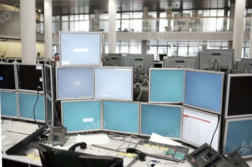 Preview: Work Station With Many Computer Monitors In Office