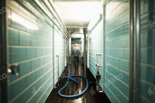 Preview: Rear View Of Man Walking Through Fermentation Cellar At Brewery