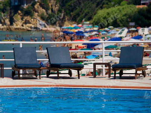 Preview: Deckchairs At Hotel Pool, Bay Of Biodola, Island Of Elba, Province Of Livorno, Tuscany, Italy