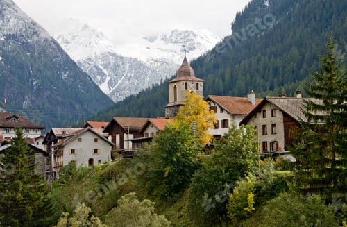 Preview: View To Berguen And Tower Of The Community Hall, Grisons, Switzerland