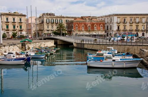 Preview: Boats In The Harbor By The Palazzo Beneventano Del Bosco, Syracuse, Sicily, Italy