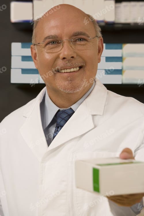 Preview: Male Pharmacist Smiling And Holding Medication