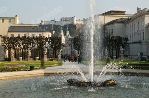 Preview: View Of A Fountain With Historical Landmark In The Background, Mirabell Garden, Fort Hohensalzburg