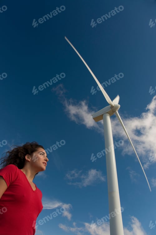 Preview: Young Woman Standing Under Wind Turbine, Low Angle View