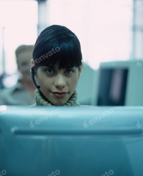 Preview: Woman With Headset Sitting In Call Centre