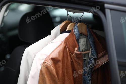 Preview: Close Up Of Clothing On Coat Hanger In Car, Munich, Bavaria, Germany, Europe