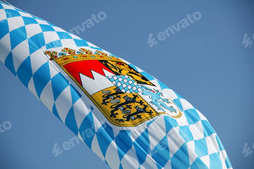 Preview: Low Angle View Of A Flag With Bavarian Crest Against Blue Sky, Bavaria, Germany