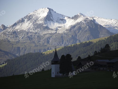Preview: Scenic View Out Of Of Sertig Valley To Church And Mountains, Davos, Graubuenden, Grisons