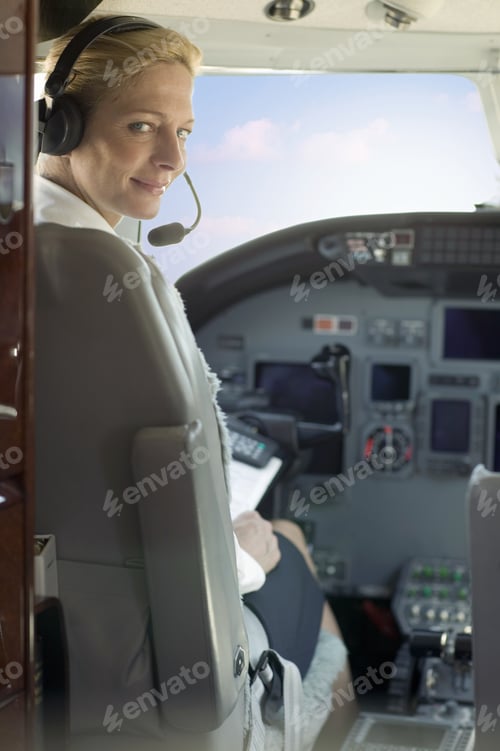 Preview: Female Pilot In Cockpit Of Airplane