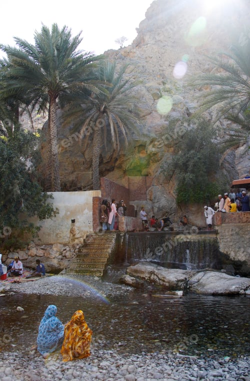 Preview: People Gathering At Natural Hot Springs, Oasis Ain Thowarah, Oman