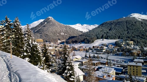 Preview: View Over Davos With Fluela Valley And Mount Jakobshorn In The Background, Davos, Grisons