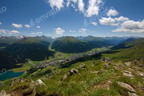Preview: View To Davos And Lake Davos In Summer, Grisons, Switzerland