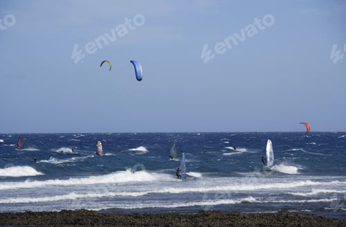 Preview: People Windsurfing And Kiteboarding Near El Medano, Tenerife, Canary Islands, Spain