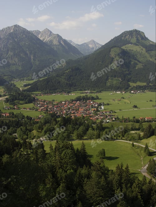 Preview: Scenic View Of Town In Mountain Valley, Bad Oberdorf, Hindelang, Allgaeu, Germany,