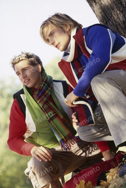 Preview: Portrait, Two Men Relaxing Outdoors, Autumn