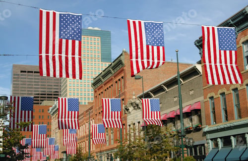 Preview: View Of American Flags Hanging Between Buildings In Larimer Street, Denver, Colorado, Usa