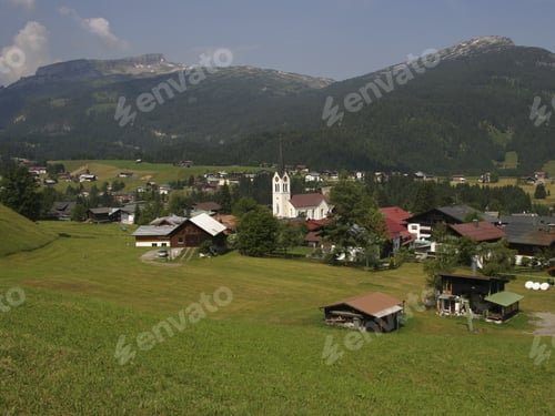 Preview: Scenic View Of Village In Mountain Valley, Riezlern, Kleinwalsertal, Vorarlberg, Austria,