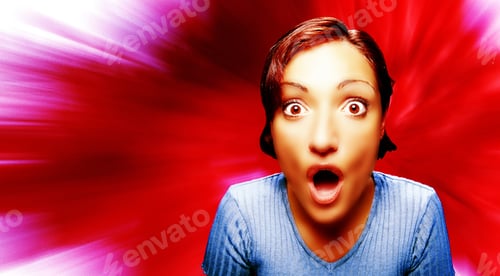 Preview: Surprised Young Woman In Front Of Explosive Digital Background