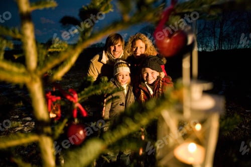 Preview: Family Looking At Outdoor Christmas Tree At Night