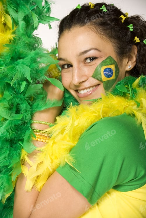 Preview: Hispanic Woman With Brazilian Flag Painted On Face