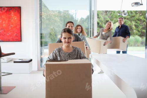 Preview: Family Carrying Large Cardboard Boxes Into New Home, Portrait