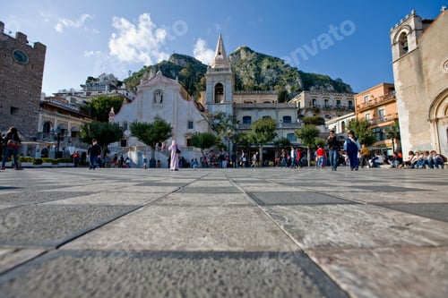 Preview: Piazza Ix Aprile With Church Of San Giuseppe And Clock Tower, Taormina, Sicily, Italy