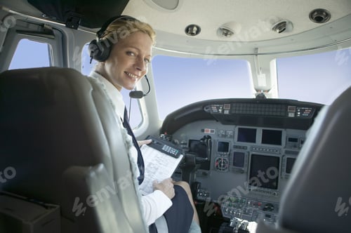Preview: Female Pilot In Cockpit Of Airplane