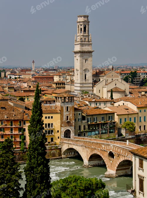 Preview: View Over Adige River With The Ponte Pietra To Verona Cathedral, Verona, Veneto, Italy