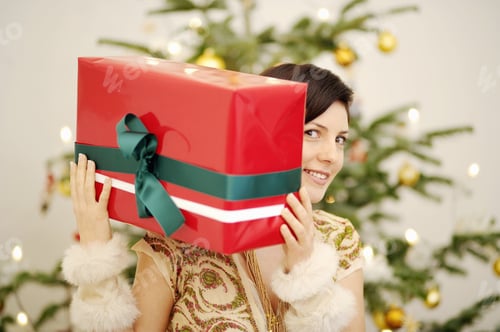 Preview: Woman Holding Christmas Gift Box Near Decorated Tree