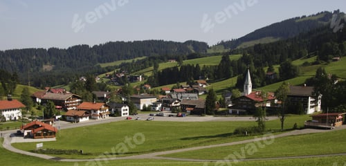 Preview: Scenic View Of Village In Mountain Valley, Jungholz, Austria, Allgaeu, Germany,