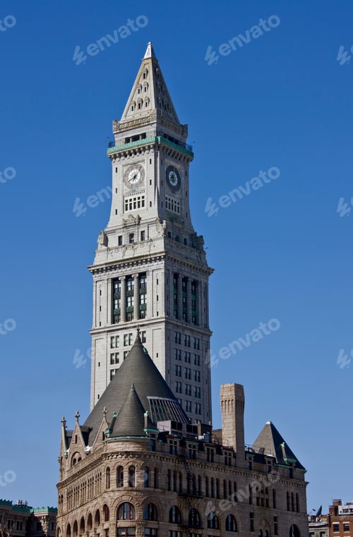 Vista previa: Edificio de intercambio de harina y cereales frente a la torre Custom House, Boston, Massachusetts, EE. UU.