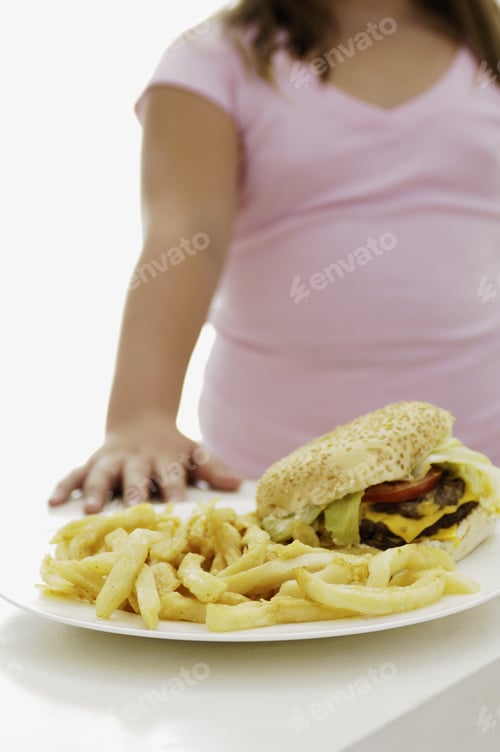 Preview: Hamburger And French Fries In Front Of Overweight Girl