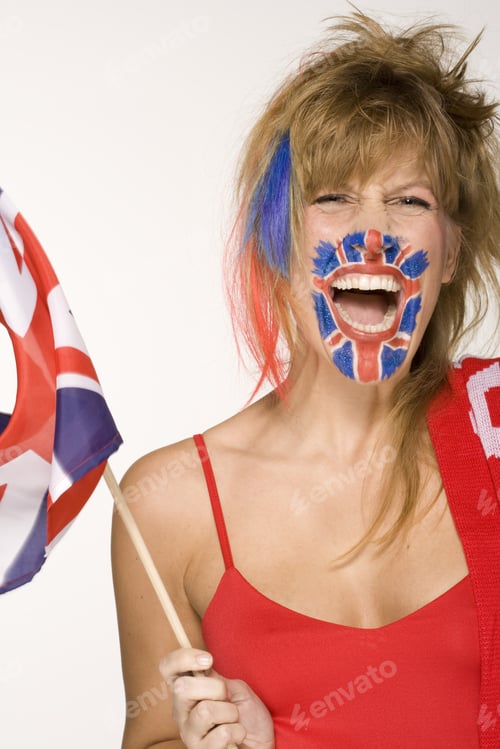 Preview: Young Woman Cheering With British Flag Painted On Face