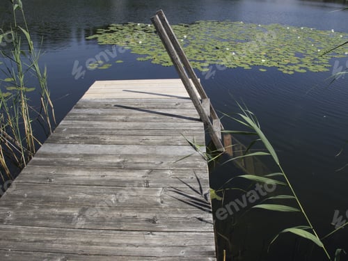 Preview: Wooden Jetty With Ladder In Lake Seeon, Klostersee, Chiemgau, Bavaria, Germany