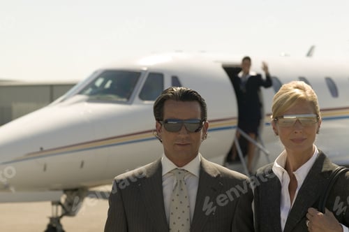 Preview: Businessman And Businesswoman Standing In Front Of Airplane On Tarmac