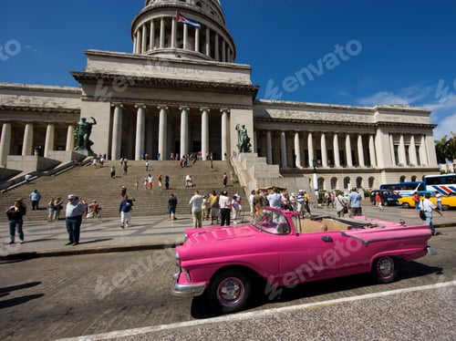 Preview: Pink Classic Car In Front Of Capitol, Havana, Cuba